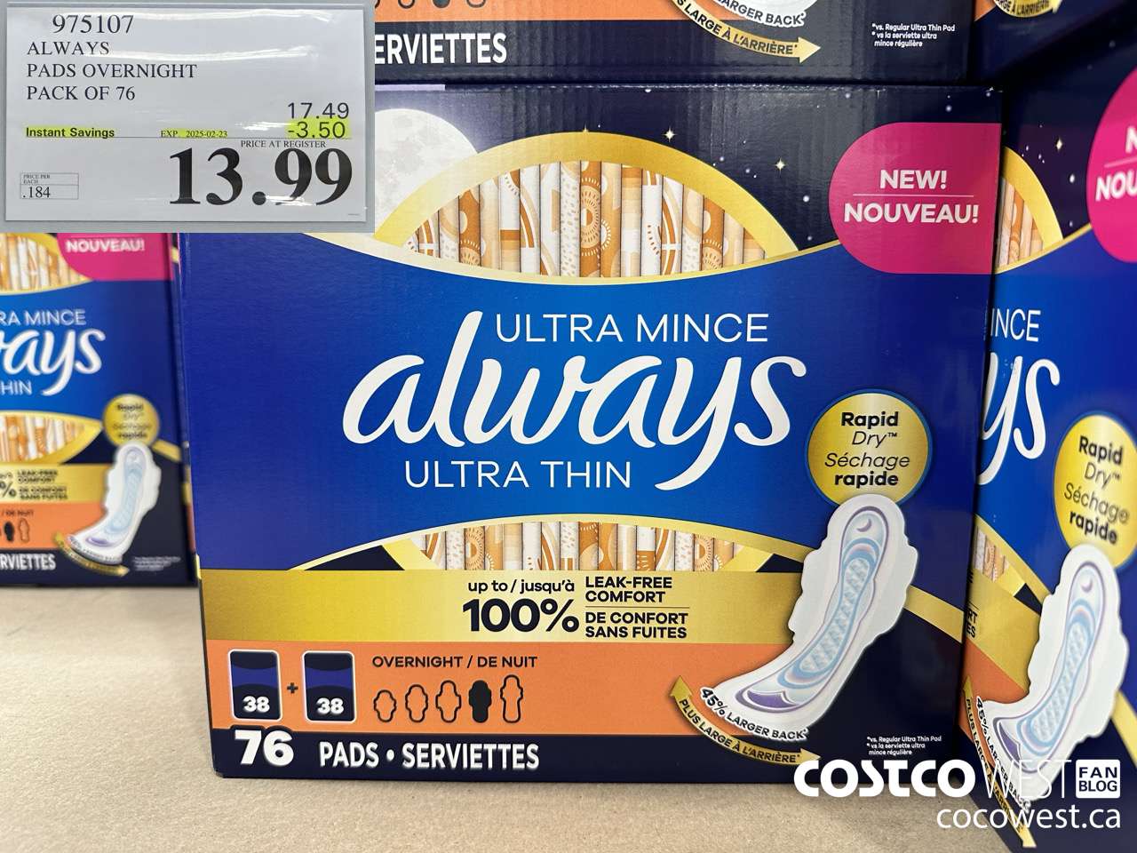 975107 ALWAYS ULTRA THIN PADS OVERNIGHT BOX OF 76 ($3.50 INSTANT SAVINGS EXPIRES ON 2025-02-23) $13.99