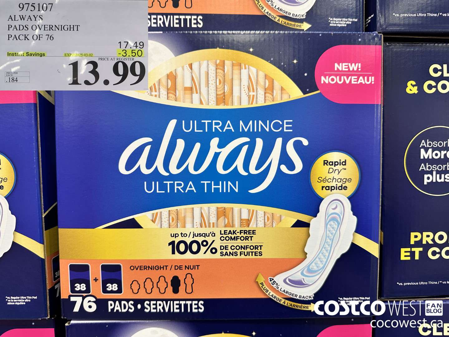 975107 ALWAYS ULTRA THIN PADS OVERNIGHT BOX OF 76 ($3.50 INSTANT SAVINGS EXPIRES ON 2025-03-02) $13.99