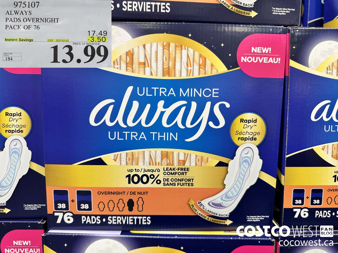 975107 ALWAYS ULTRA THIN PADS OVERNIGHT BOX OF 76 ($3.50 INSTANT SAVINGS EXPIRES ON 2025-03-02) $13.99