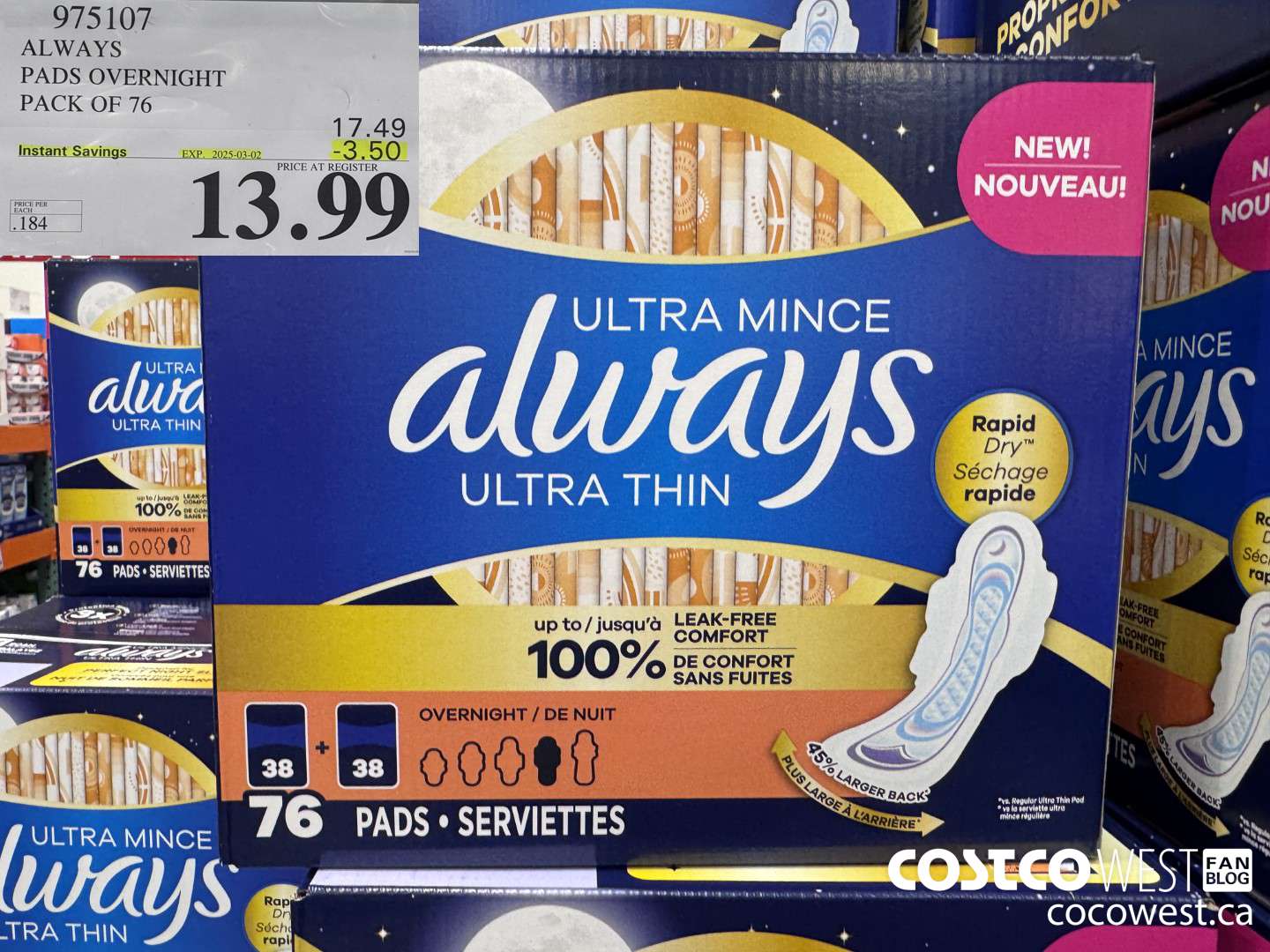 975107 ALWAYS ULTRA THIN PADS OVERNIGHT BOX OF 76 ($3.50 INSTANT SAVINGS EXPIRES ON 2025-03-02) $13.99