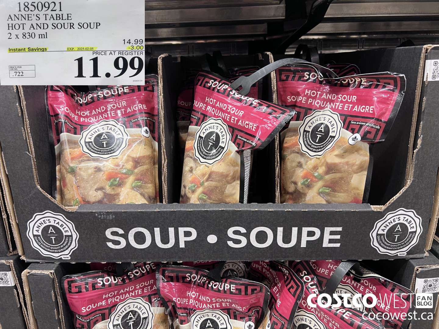 1850921 ANNE'S TABLE HOT AND SOUR SOUP 2 X 830ML ($3.00 INSTANT SAVINGS EXPIRES ON 2025-02-05) $11.99