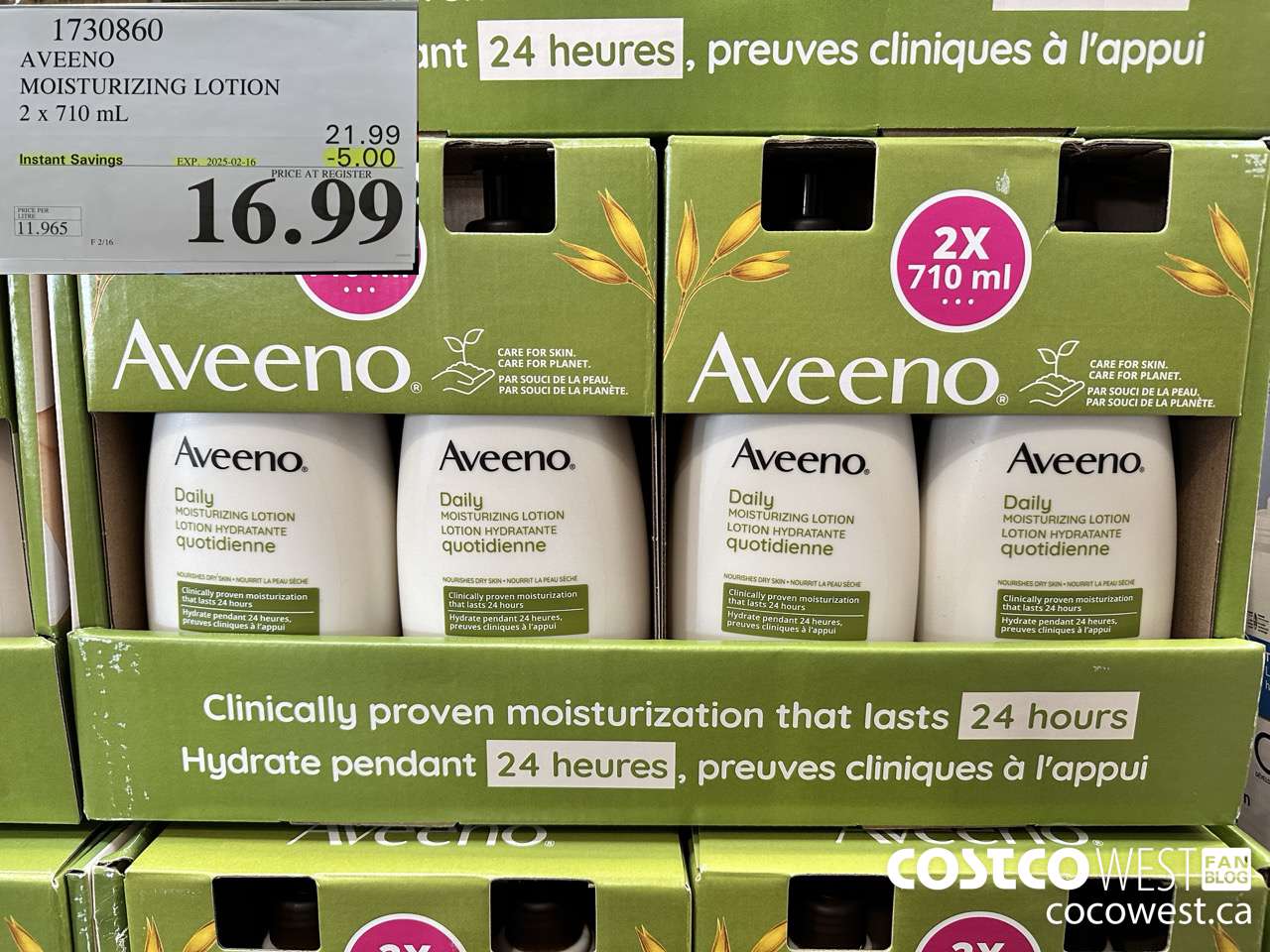 1730860 AVEENO MOISTURIZING LOTION 2 X 710ML ($5.00 INSTANT SAVINGS EXPIRES ON 2025-02-16) $16.99