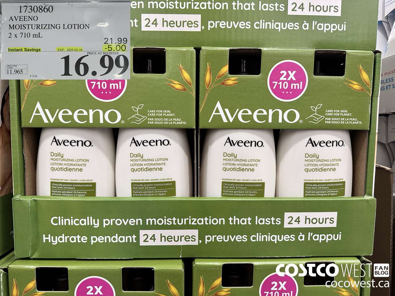 1730860 AVEENO MOISTURIZING LOTION 2 X 710ML ($5.00 INSTANT SAVINGS EXPIRES ON 2025-02-16) $16.99