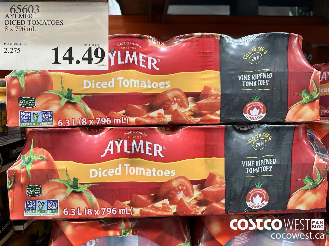 65603 AYLMER DICED TOMATOES 8 X 796 ML $14.49
