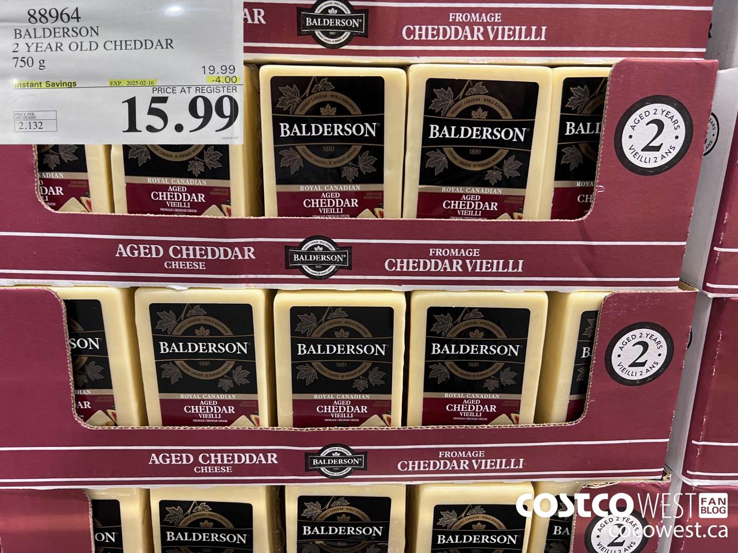 88964 BALDERSON 2 YEAR OLD CHEDDAR 750 g ($4.00 INSTANT SAVINGS EXPIRES ON 2025-02-16) $15.99