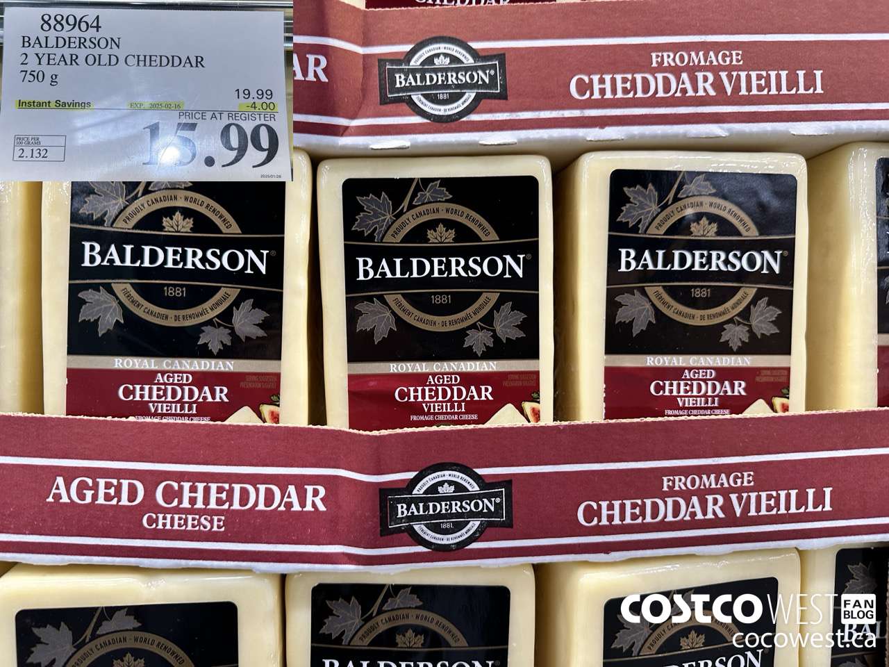 88964 BALDERSON 2 YEAR OLD CHEDDAR 750 g ($4.00 INSTANT SAVINGS EXPIRES ON 2025-02-16) $15.99