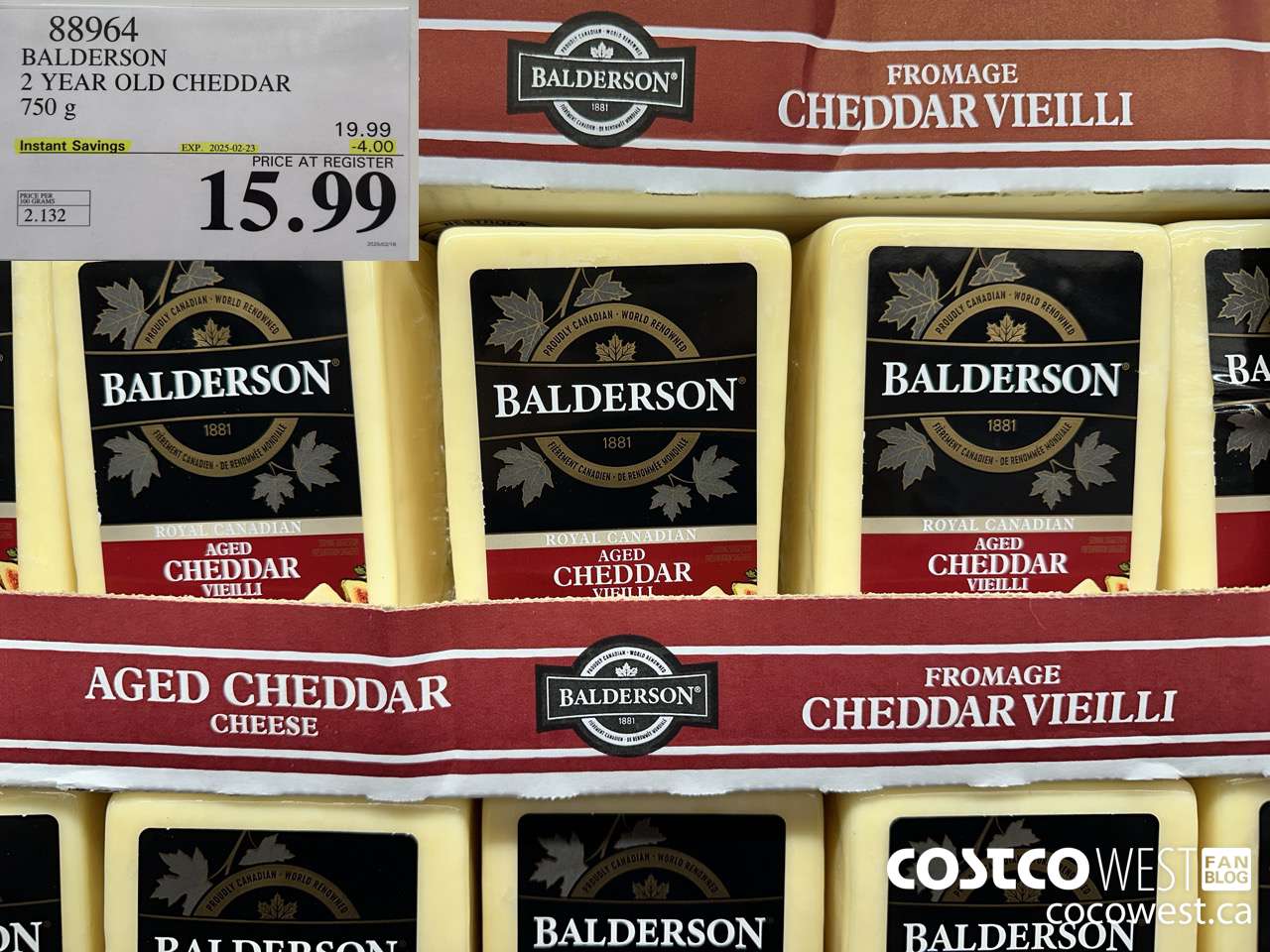 88964 BALDERSON 2 YEAR OLD CHEDDAR 750 g ($4.00 INSTANT SAVINGS EXPIRES ON 2025-02-23) $15.99