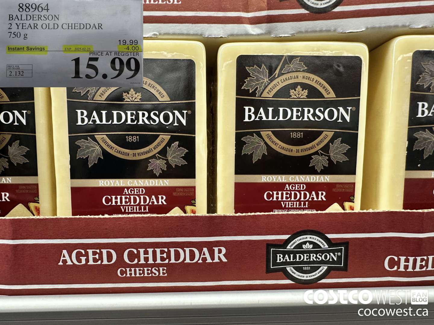 88964 BALDERSON 2 YEAR OLD CHEDDAR 750 g ($4.00 INSTANT SAVINGS EXPIRES ON 2025-02-23) $15.99