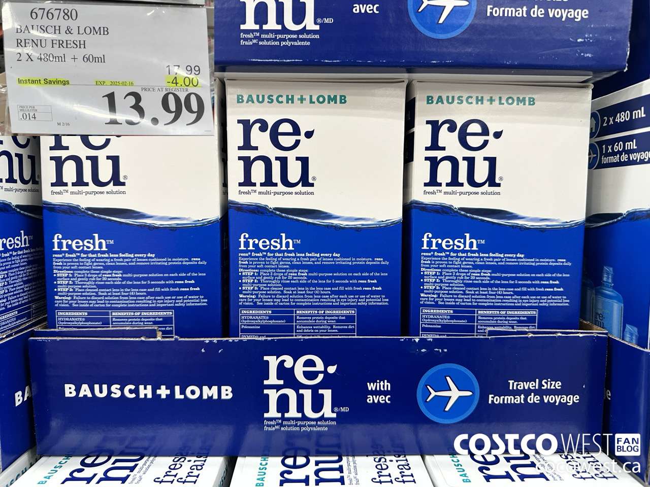 676780 BAUSCH & LOMB RENU FRESH 2 X 480ML + 60ML ($4.00 INSTANT SAVINGS EXPIRES ON 2025-02-16) $13.99