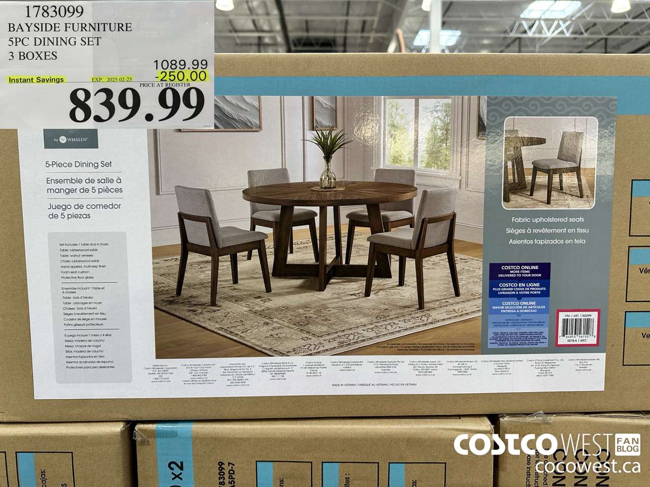 1783099 BAYSIDE FURNITURE 5PC DINING SET 3 BOXES ($250.00 INSTANT SAVINGS EXPIRES ON 2025-02-23) $839.99