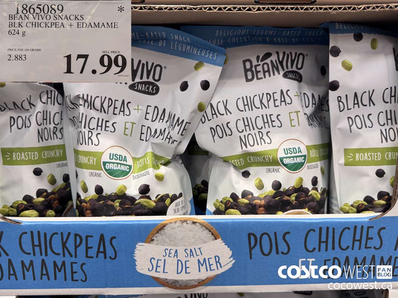 1865089 BEAN VIVO SNACKS BLK CHICKPEA + EDAMAME 624G $17.99