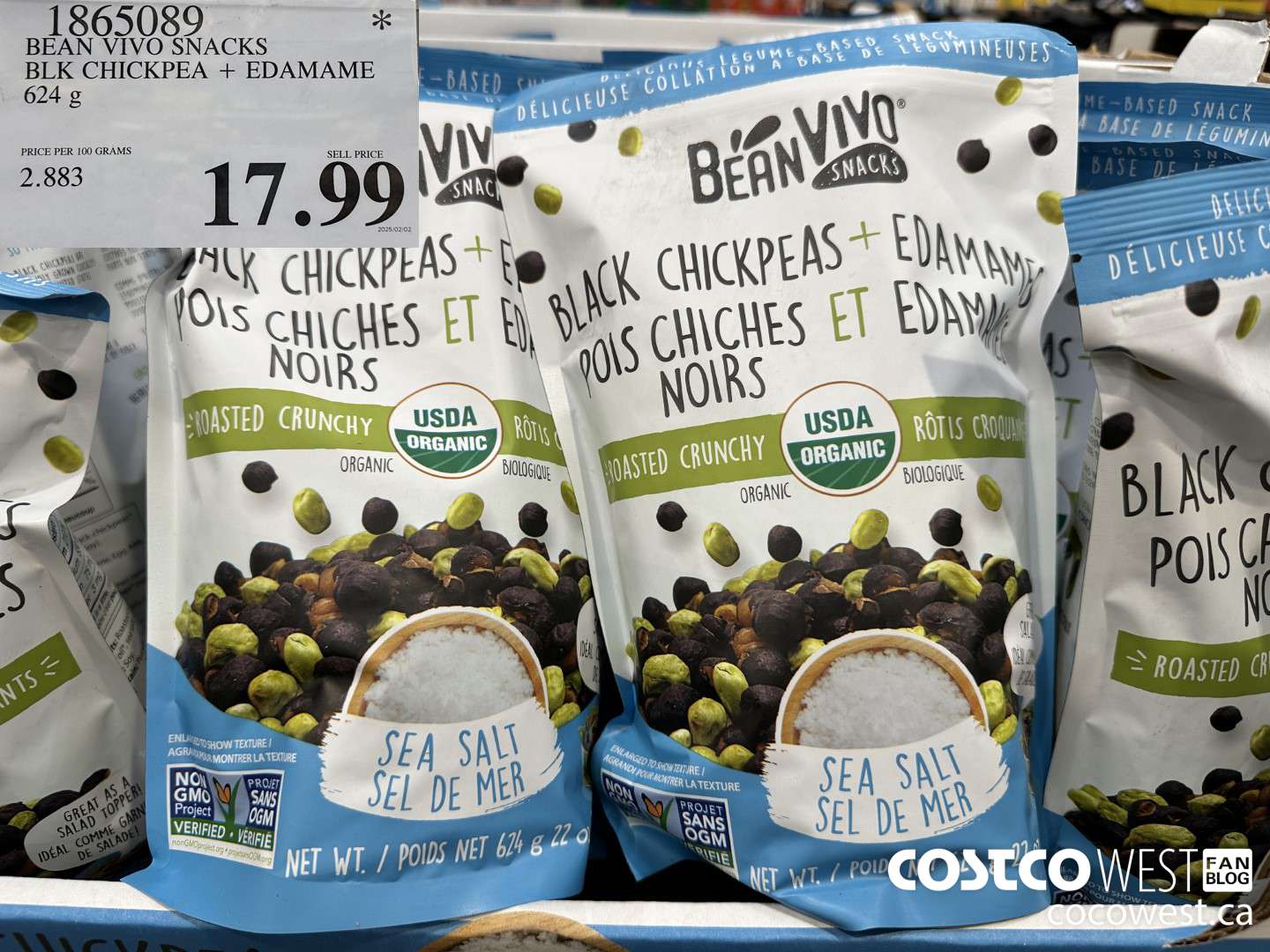 1865089 BEAN VIVO SNACKS BLK CHICKPEA + EDAMAME 624G $17.99