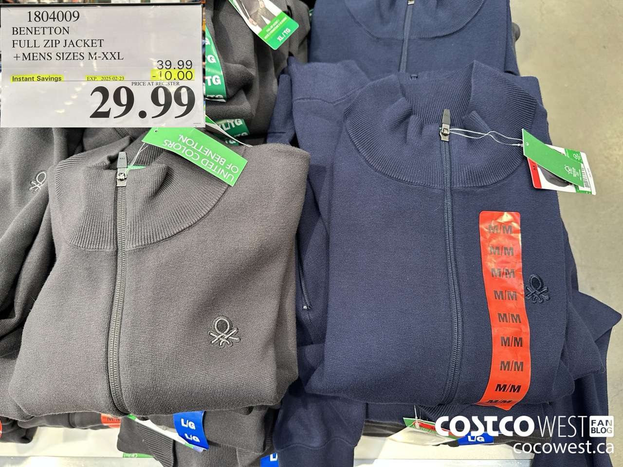 1804009 BENETTON FULL ZIP JACKET MENS SIZES M-XXL ($10.00 INSTANT SAVINGS EXPIRES ON 2025-02-23) $29.99