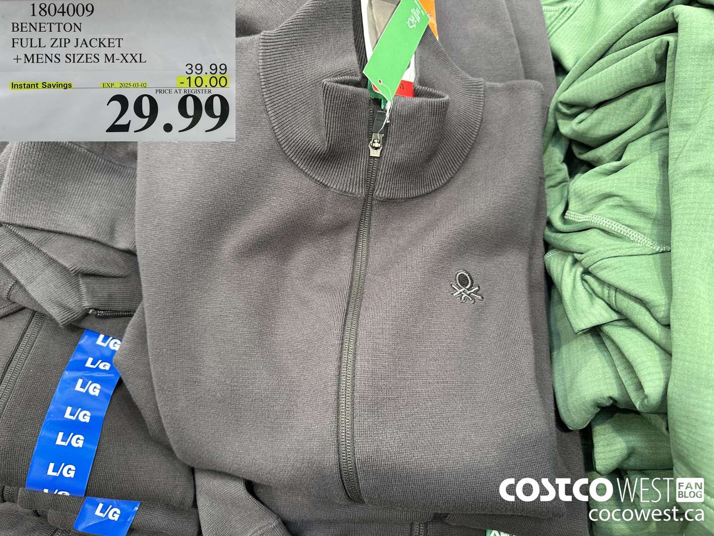 1804009 BENETTON FULL ZIP JACKET MENS SIZES M-XXL ($10.00 INSTANT SAVINGS EXPIRES ON 2025-03-02) $29.99