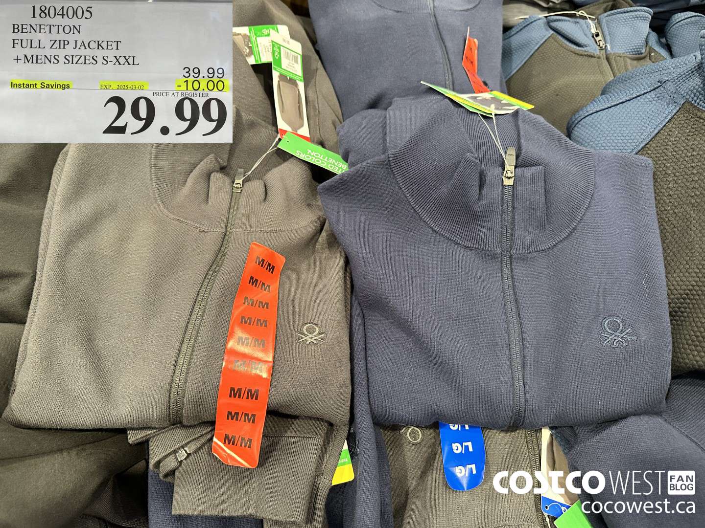 1804005 BENETTON FULL ZIP JACKET MENS SIZES S-XXL ($10.00 INSTANT SAVINGS EXPIRES ON 2025-03-02) $29.99