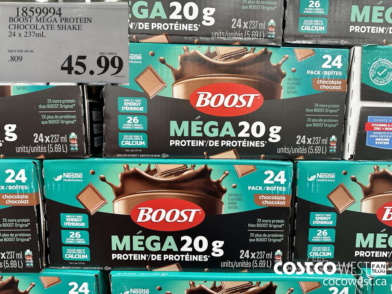 1859994 BOOST MEGA PROTEIN CHOCOLATE SHAKE 24 X 237ML $45.99