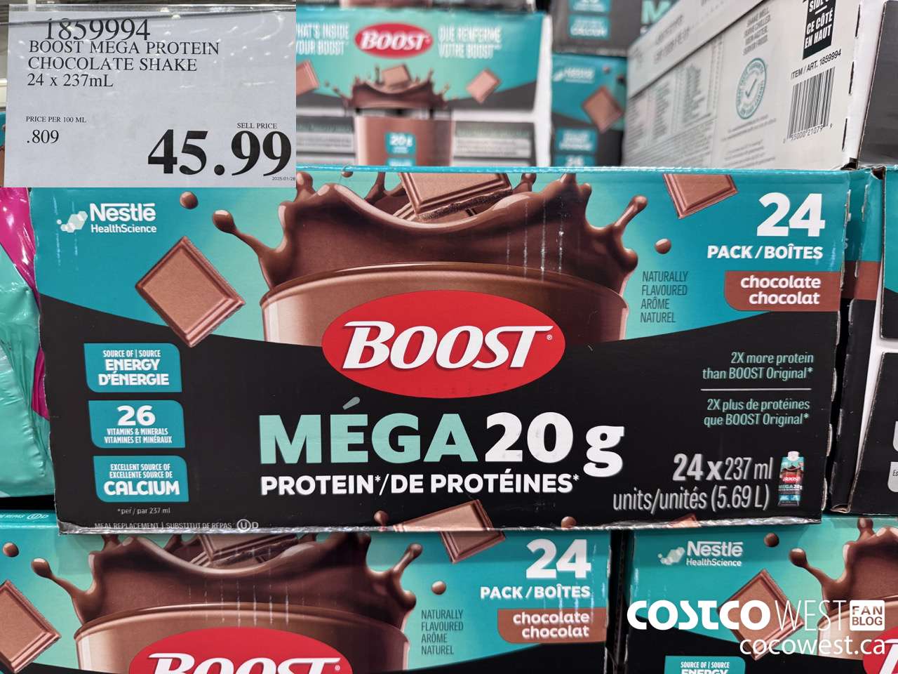 1859994 BOOST MEGA PROTEIN CHOCOLATE SHAKE 24 X 237ML $45.99