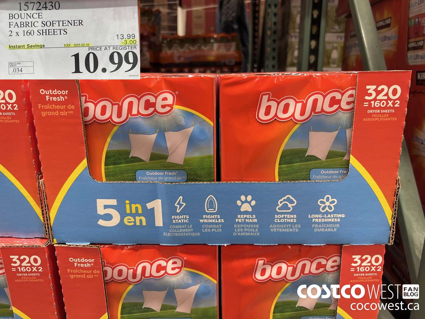1572430 BOUNCE FABRIC SOFTENER 2 X 160 SHEETS ($3.00 INSTANT SAVINGS EXPIRES ON 2025-02-16) $10.99