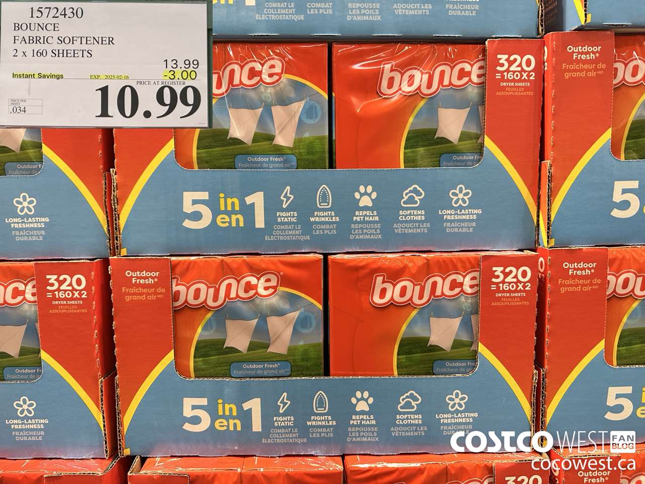1572430 BOUNCE FABRIC SOFTENER 2 X 160 SHEETS ($3.00 INSTANT SAVINGS EXPIRES ON 2025-02-16) $10.99