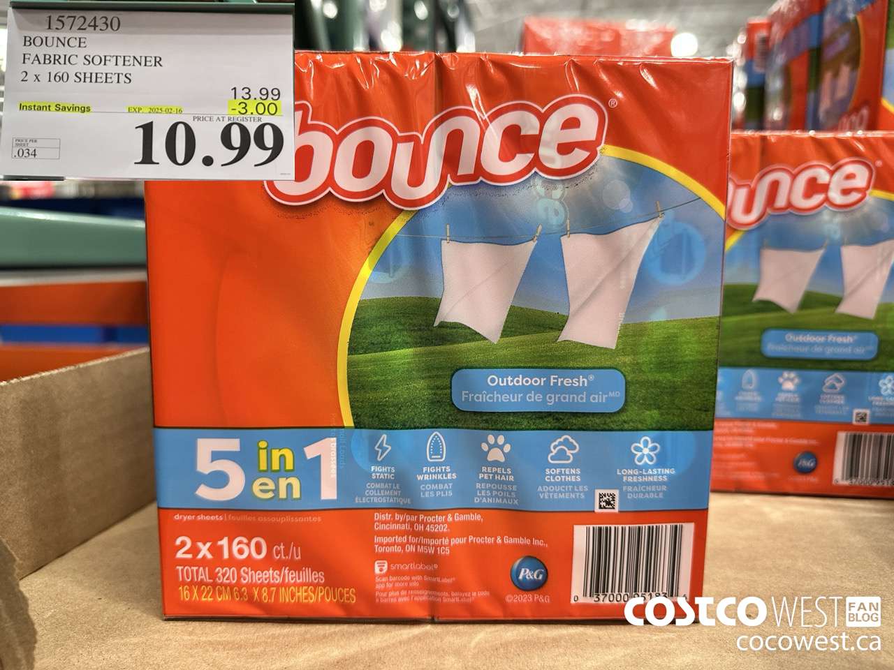 1572430 BOUNCE FABRIC SOFTENER 2 X 160 SHEETS ($3.00 INSTANT SAVINGS EXPIRES ON 2025-02-16) $10.99