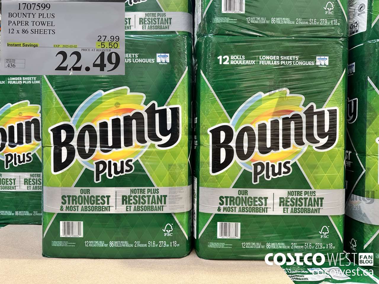 1707599 BOUNTY PLUS PAPER TOWEL 12 X 86 SHEETS ($5.50 INSTANT SAVINGS EXPIRES ON 2025-03-02) $22.49
