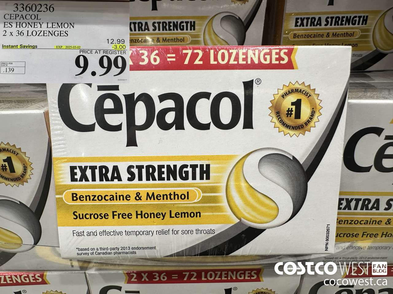 3360236 CEPACOL ES HONEY LEMON 2 X 36 LOZANGES ($3.00 INSTANT SAVINGS EXPIRES ON 2025-03-02) $9.99