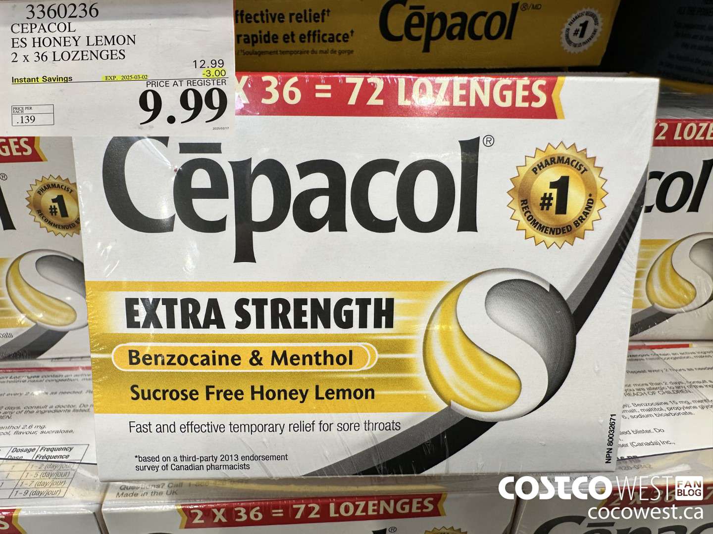 3360236 CEPACOL ES HONEY LEMON 2 X 36 LOZANGES ($3.00 INSTANT SAVINGS EXPIRES ON 2025-03-02) $9.99
