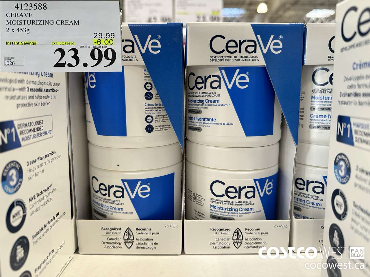 4123588 CERAVE MOISTURIZING CREAM 2 X 453G ($6.00 INSTANT SAVINGS EXPIRES ON 2025-02-09) $23.99