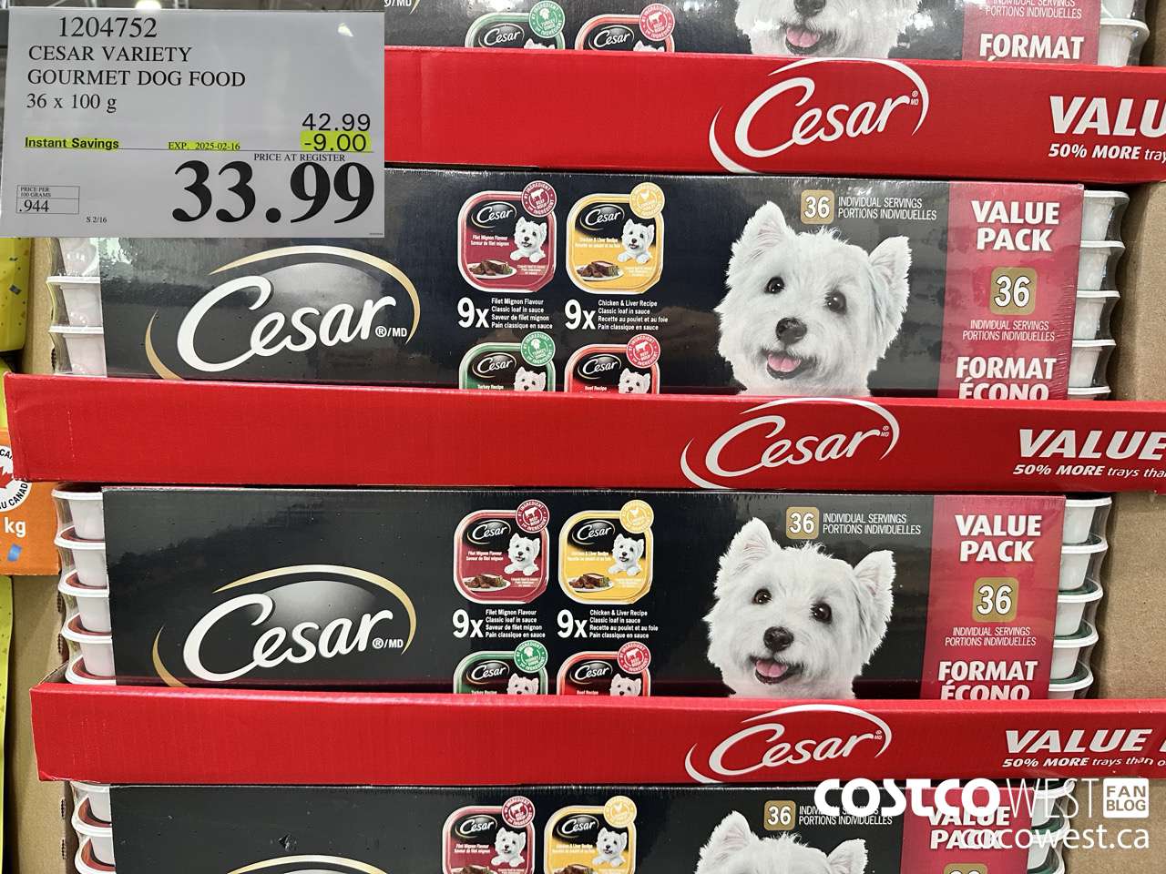 1204752 CESAR VARIETY GOURMET DOG FOOD 36 x 100 g ($9.00 INSTANT SAVINGS EXPIRES ON 2025-02-16) $33.99
