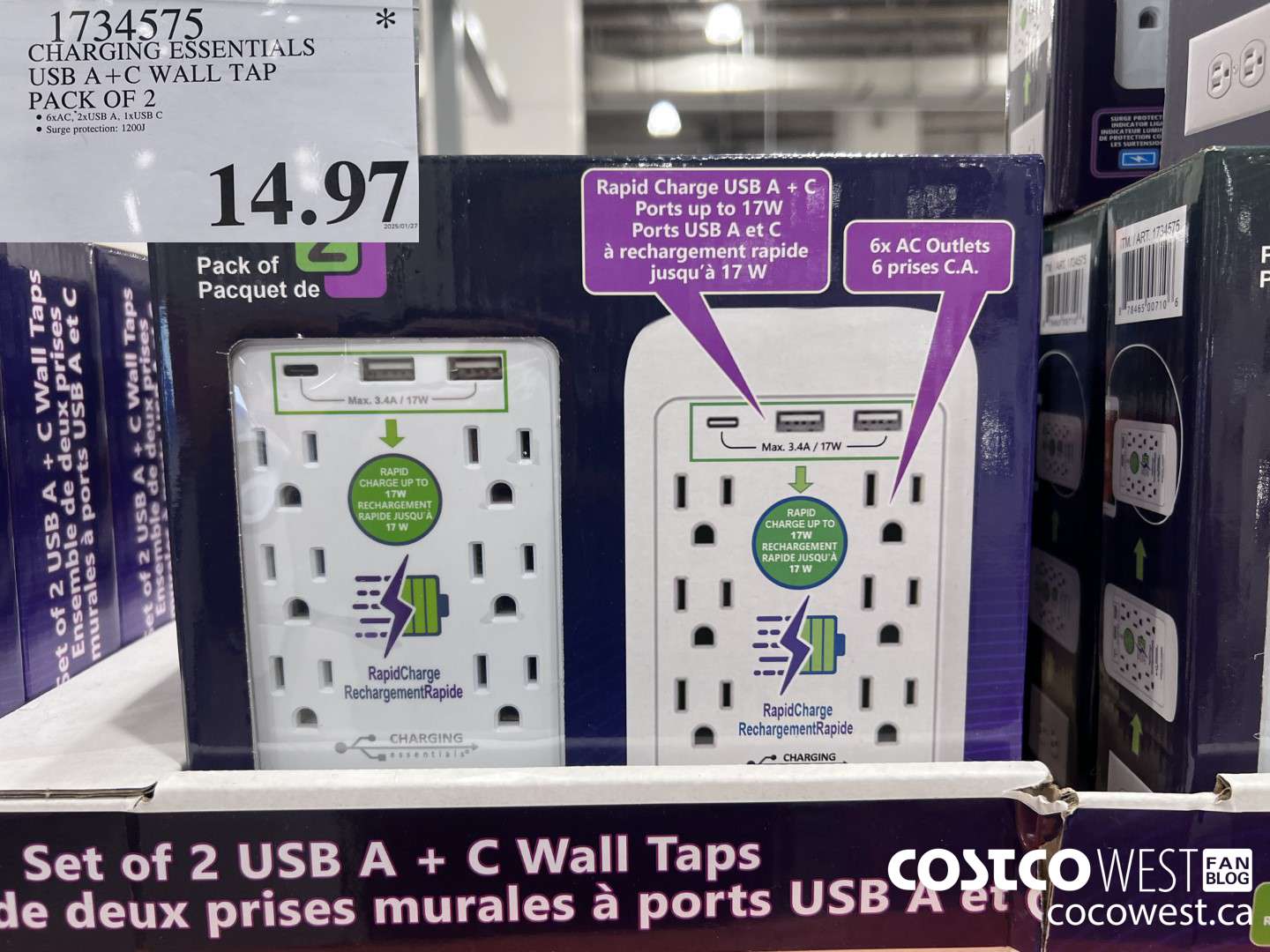 1734575 CHARGING ESSENTIALS USB A+C WALL TAP PACK OF 2 $14.97