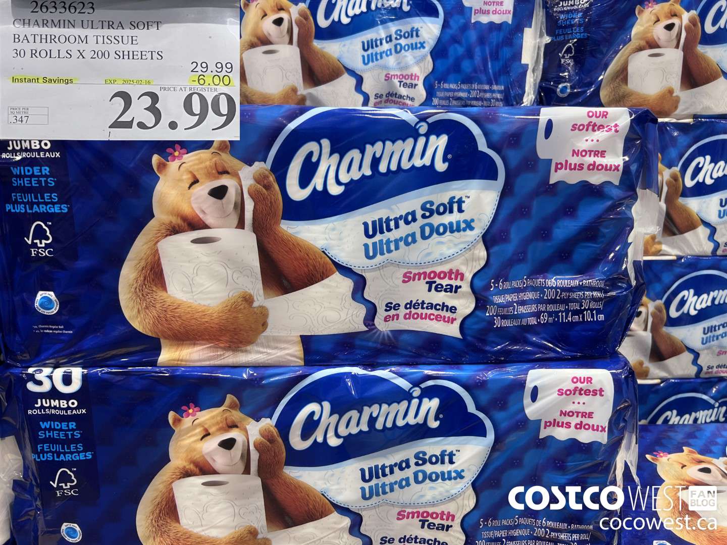 2633623 CHARMIN ULTRA SOFT BATHROOM TISSUE 30 ROLLS X 200 SHEETS ($6.00 INSTANT SAVINGS EXPIRES ON 2025-02-16) $23.99