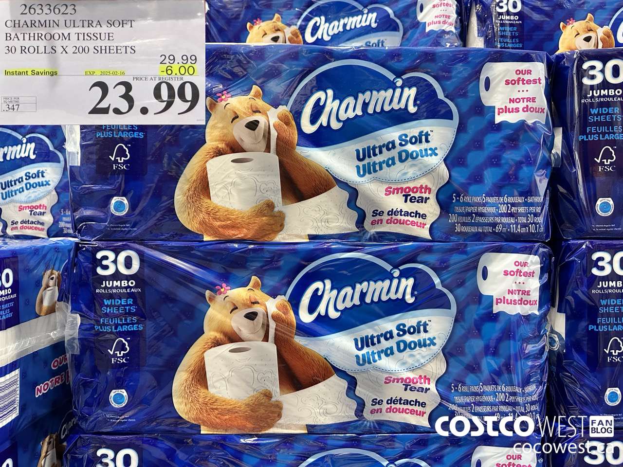2633623 CHARMIN ULTRA SOFT BATHROOM TISSUE 30 ROLLS X 200 SHEETS ($6.00 INSTANT SAVINGS EXPIRES ON 2025-02-16) $23.99