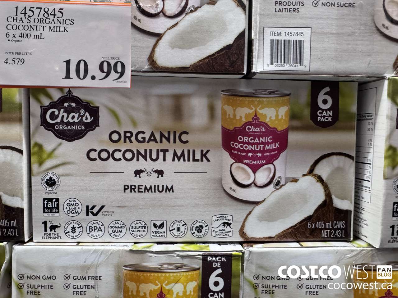 1457845 CHA'S ORGANICS ORGANIC COCONUT MILK 6 x 400 ml $10.99