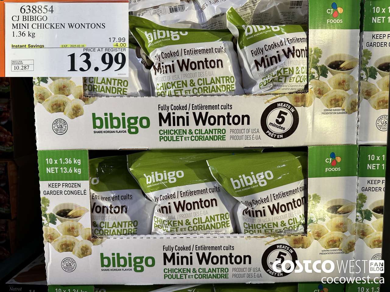 638854 CJ BIBIGO MINI CHICKEN WONTONS 1.36 KG ($4.00 INSTANT SAVINGS EXPIRES ON 2025-02-16) $13.99