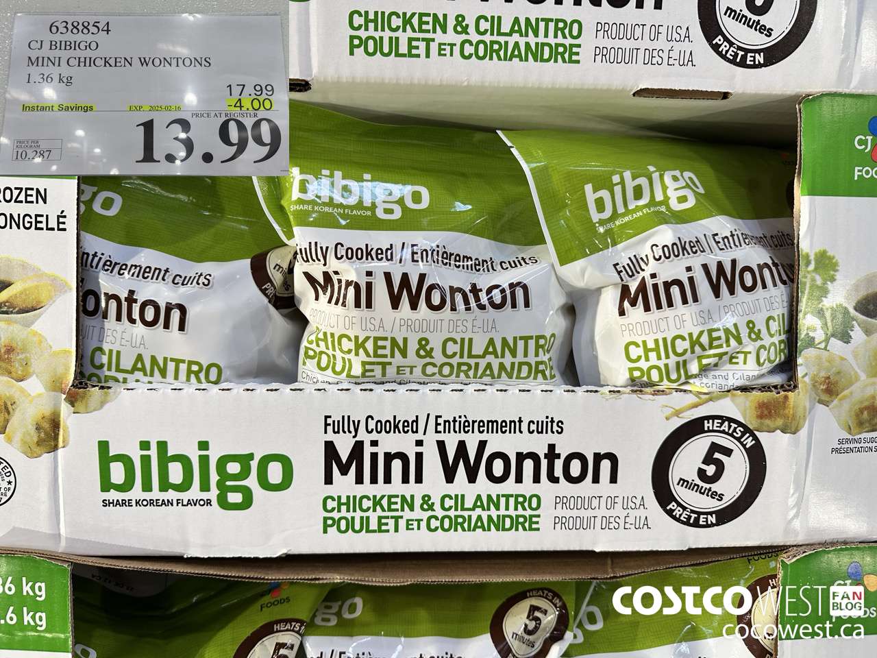 638854 CJ BIBIGO MINI CHICKEN WONTONS 1.36 KG ($4.00 INSTANT SAVINGS EXPIRES ON 2025-02-16) $13.99