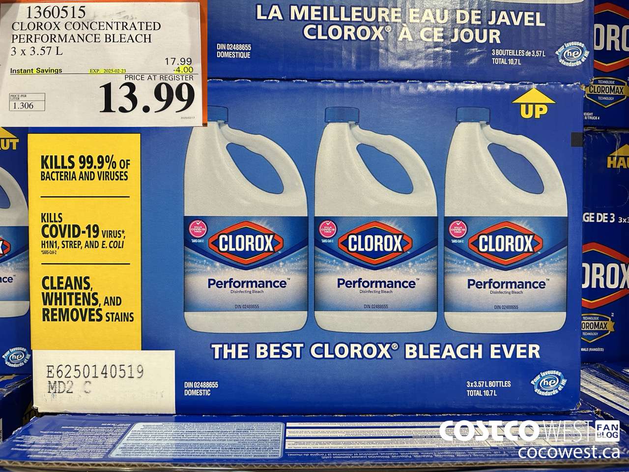 1360515 CLOROX CONCENTRATED PERFORMANCE BLEACH 3 x 3.57 L ($4.00 INSTANT SAVINGS EXPIRES ON 2025-02-23) $13.99