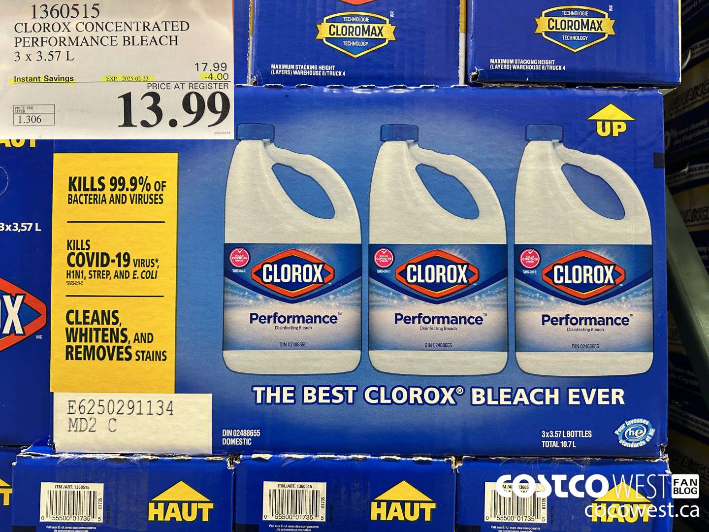 1360515 CLOROX CONCENTRATED PERFORMANCE BLEACH 3 x 3.57 L ($4.00 INSTANT SAVINGS EXPIRES ON 2025-02-23) $13.99
