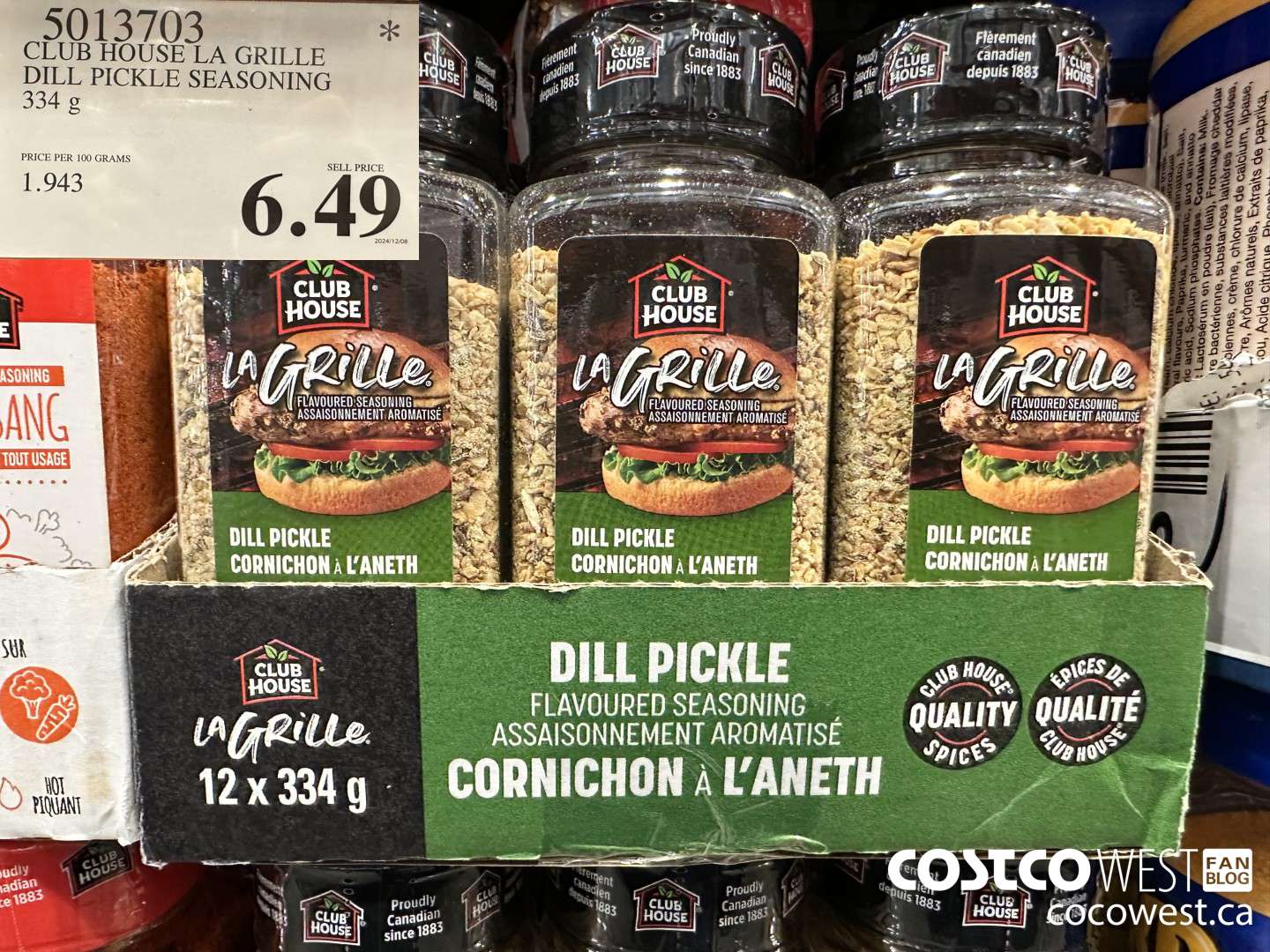 5013703 CLUB HOUSE DILL PICKLE SEASONING 334 G $6.49