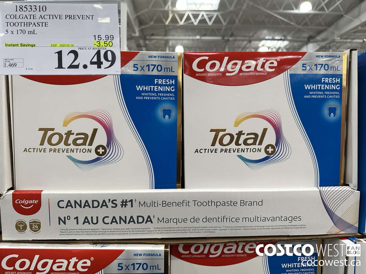 1853310 COLGATE ACTIVE PREVENT TOOTHPASTE 5 X 170ML ($3.50 INSTANT SAVINGS EXPIRES ON 2025-02-16) $12.49