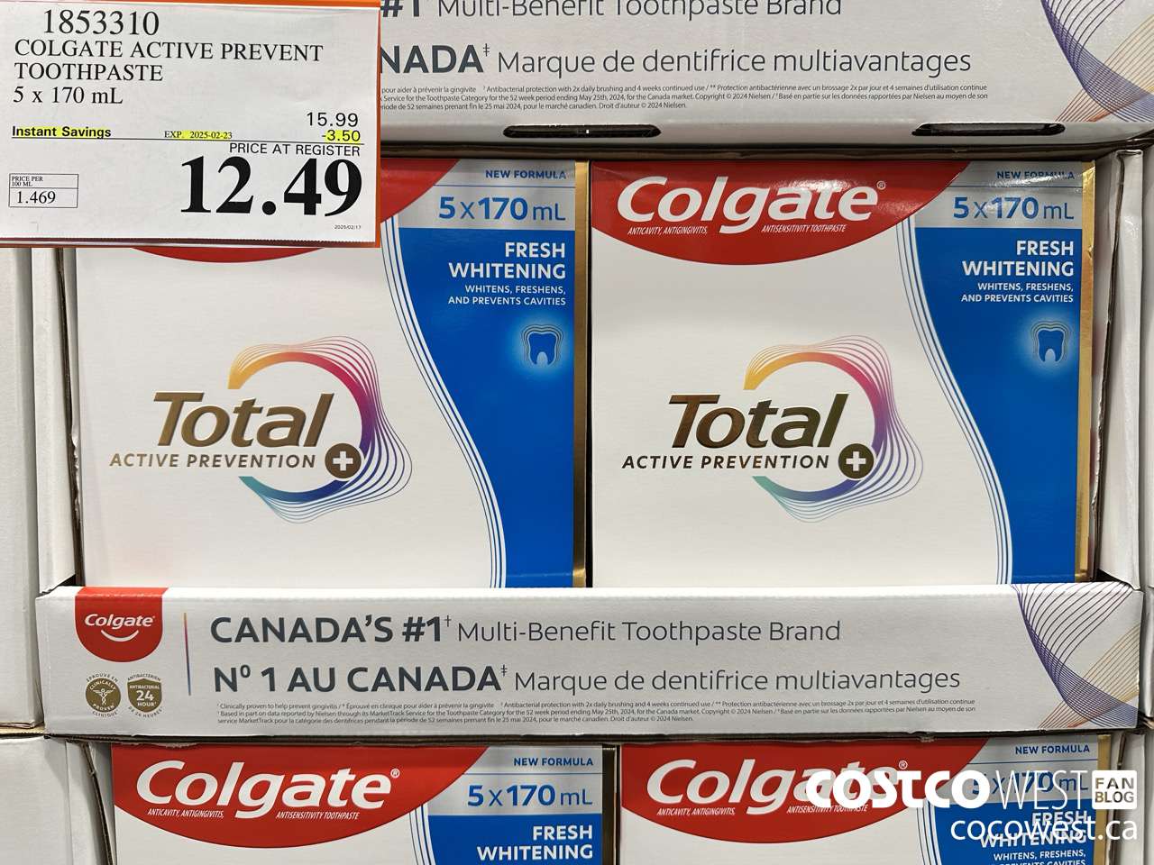 1853310 COLGATE ACTIVE PREVENT TOOTHPASTE 5 X 170ML ($3.50 INSTANT SAVINGS EXPIRES ON 2025-02-23) $12.49