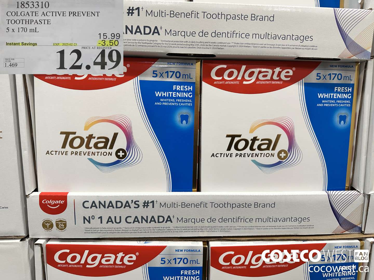 1853310 COLGATE ACTIVE PREVENT TOOTHPASTE 5 X 170ML ($3.50 INSTANT SAVINGS EXPIRES ON 2025-02-23) $12.49