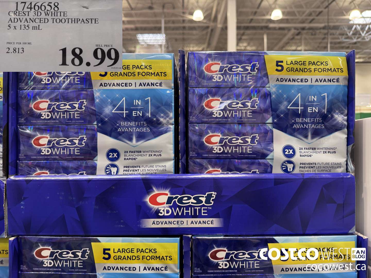 1746658 CREST 3D WHITE ADVANCED TOOTHPASTE 5 X 135ML $18.99