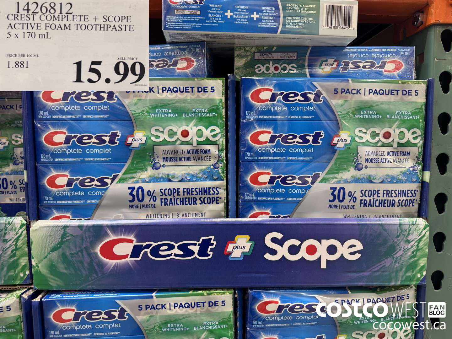 1426812 CREST COMPLETE + SCOPE ACTIVE FOAM TOOTHPASTE 5 x 170ml  $15.99