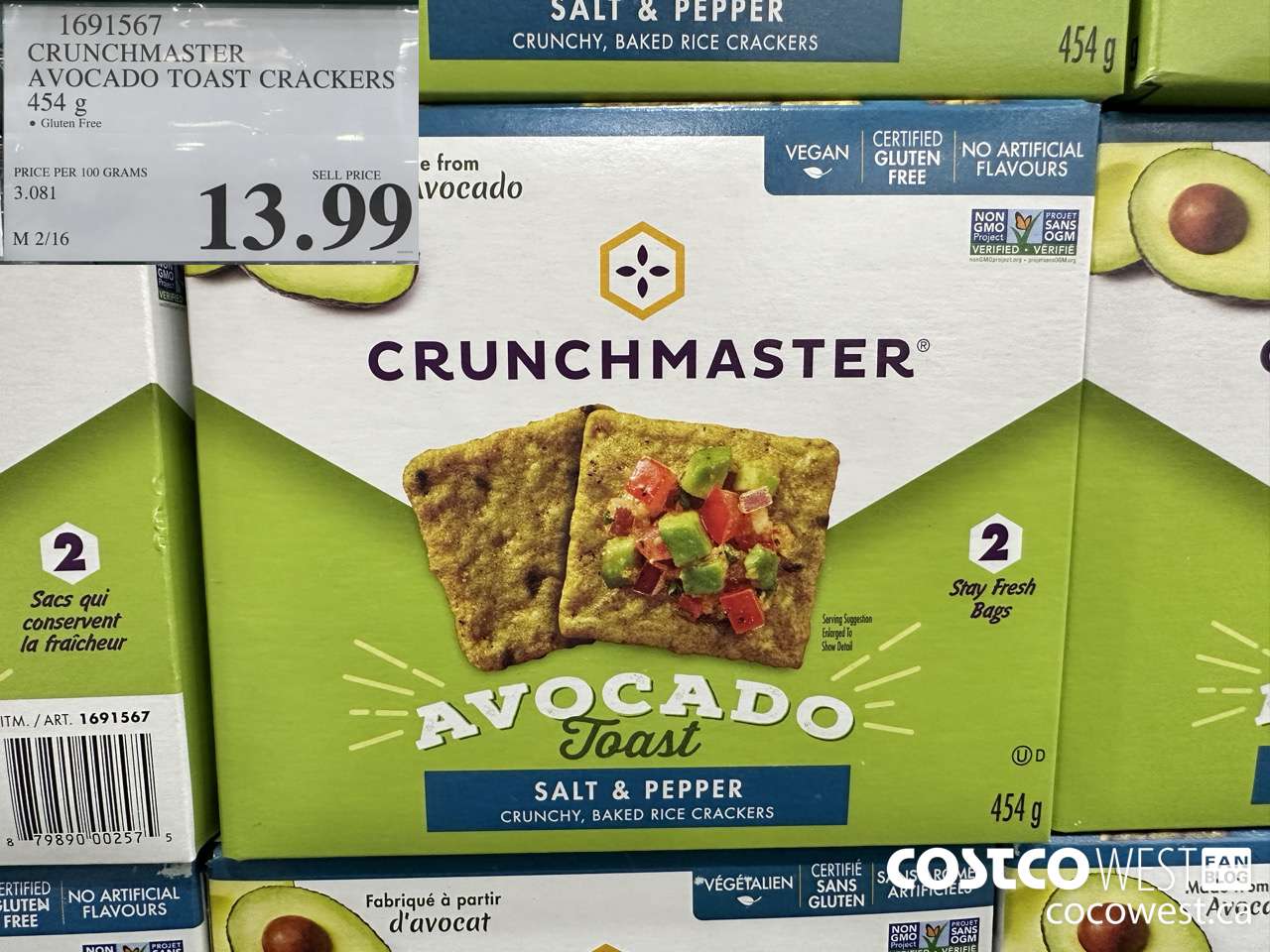 1691567 CRUNCHMASTER AVOCADO TOAST CRACKERS 454G $13.99