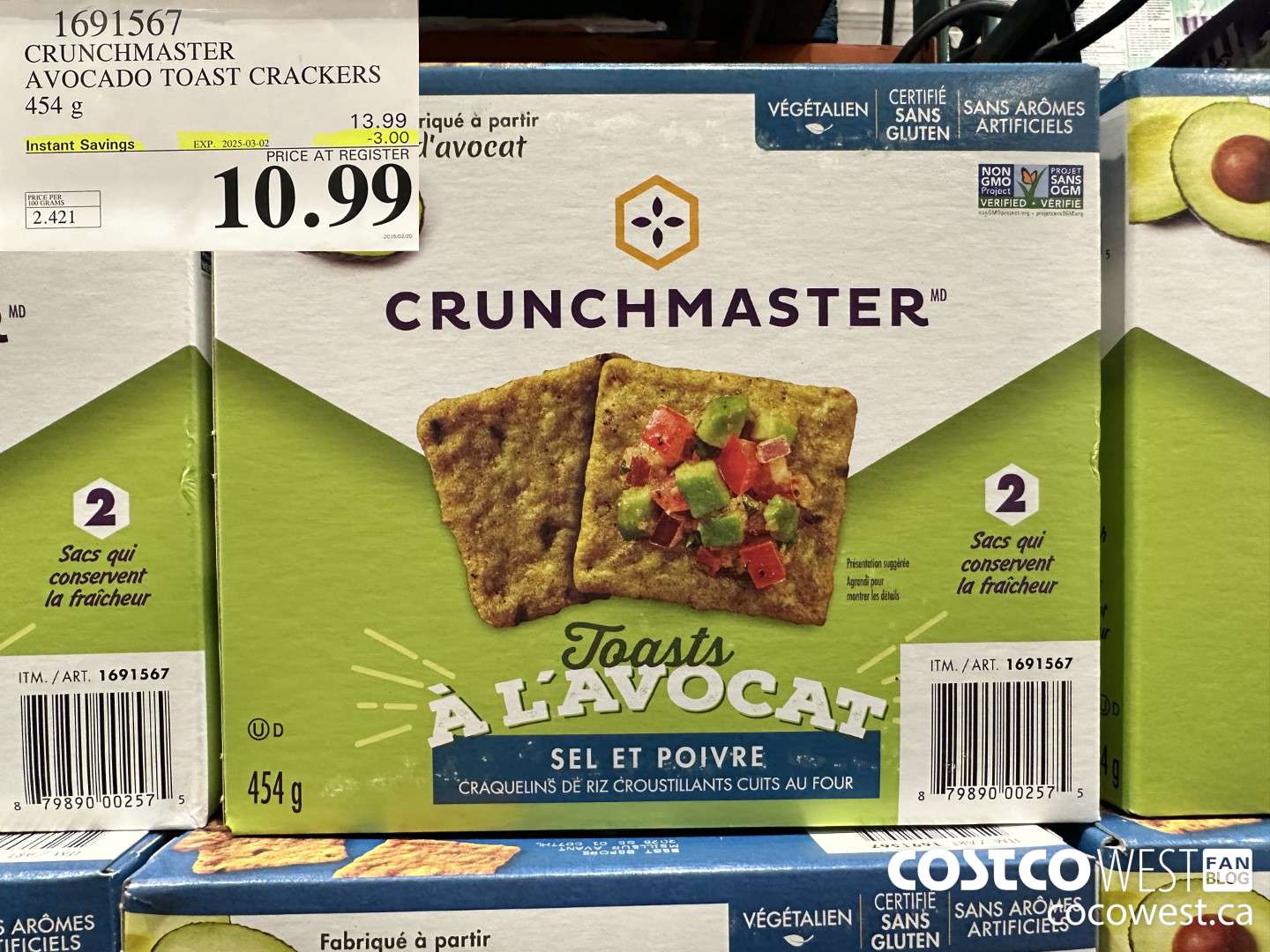 1691567 CRUNCHMASTER AVOCADO TOAST CRACKERS 454G ($3.00 INSTANT SAVINGS EXPIRES ON 2025-03-02) $10.99