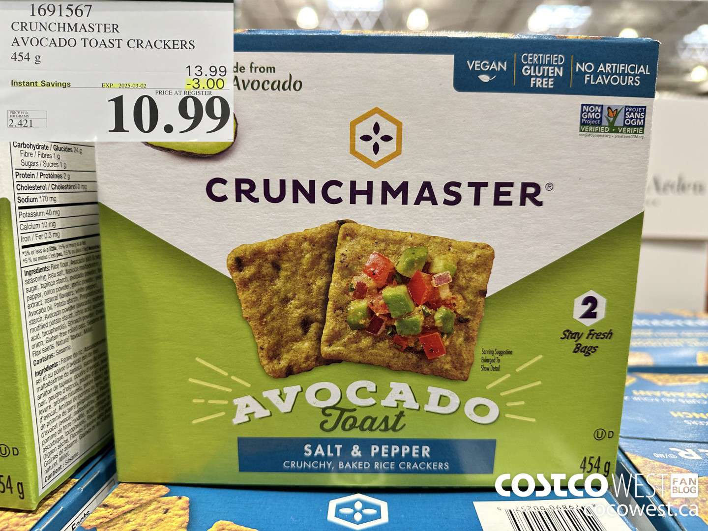 1691567 CRUNCHMASTER AVOCADO TOAST CRACKERS 454G ($3.00 INSTANT SAVINGS EXPIRES ON 2025-03-02) $10.99