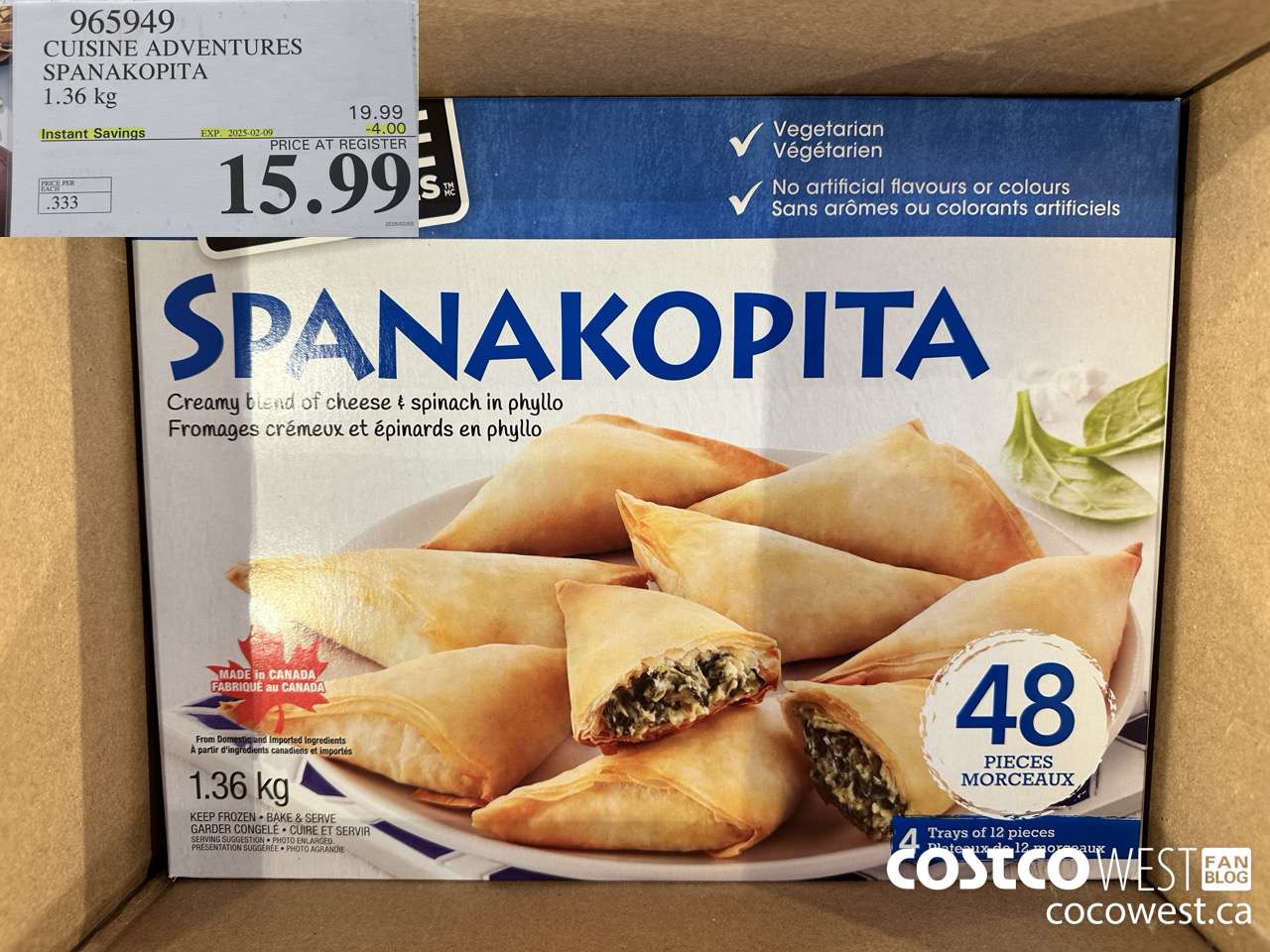 965949 CUISINE ADVENTURES SPANAKOPITA 1.36 kg ($4.00 INSTANT SAVINGS EXPIRES ON 2025-02-09) $15.99
