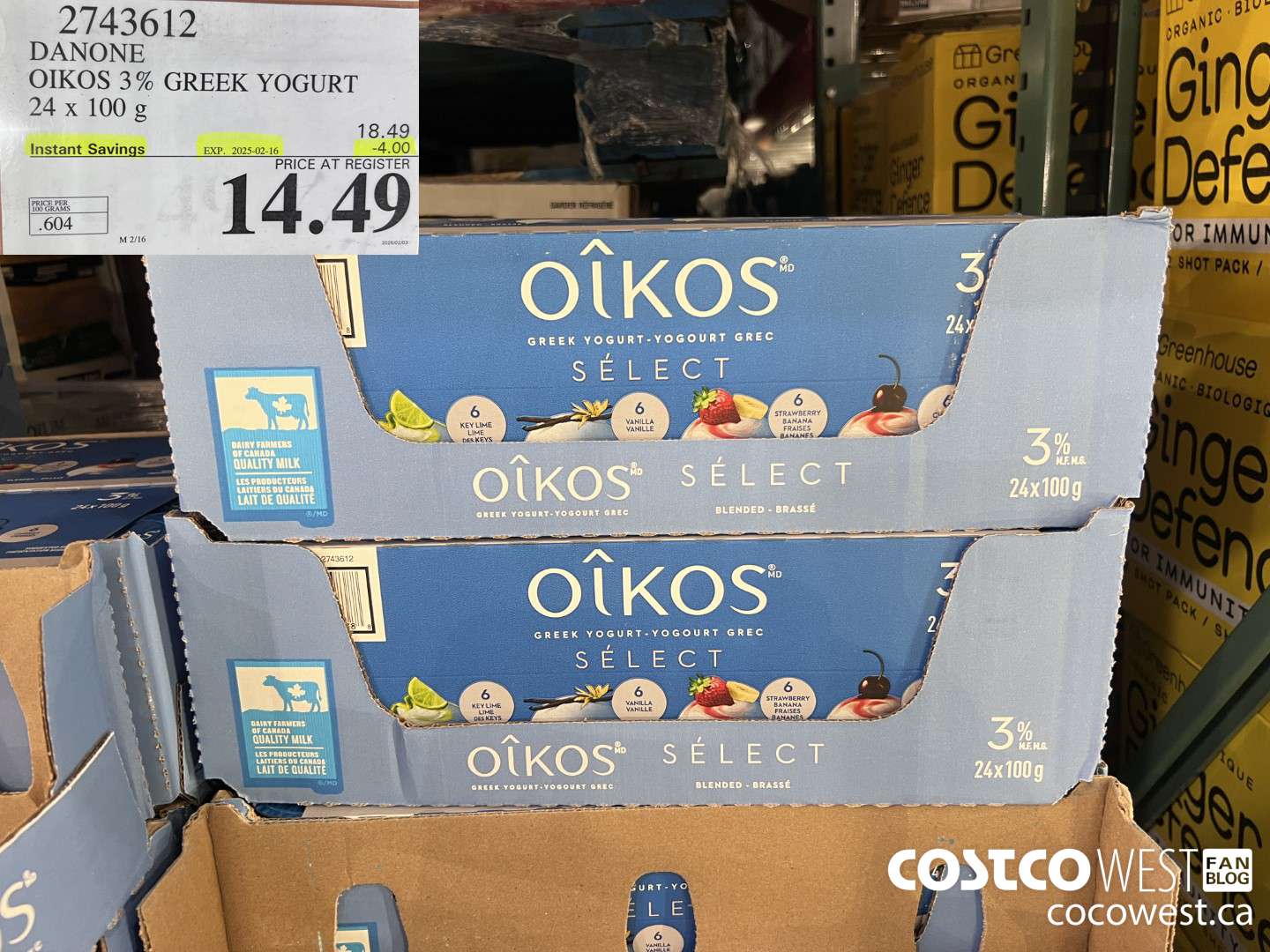 2743612 DANONE OIKOS 3% GREEK YOGURT 24 X 100 G ($4.00 INSTANT SAVINGS EXPIRES ON 2025-02-16) $14.49