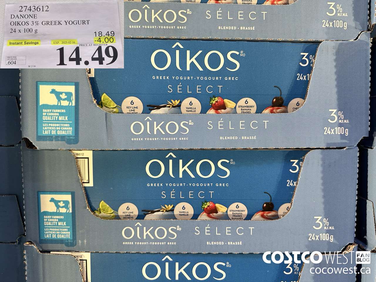 2743612 DANONE OIKOS 3% GREEK YOGURT 24 X 100 G ($4.00 INSTANT SAVINGS EXPIRES ON 2025-02-16) $14.49