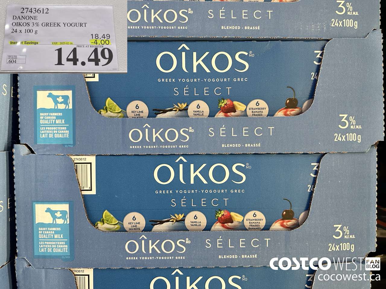 2743612 DANONE OIKOS 3% GREEK YOGURT 24 X 100 G ($4.00 INSTANT SAVINGS EXPIRES ON 2025-02-16) $14.49
